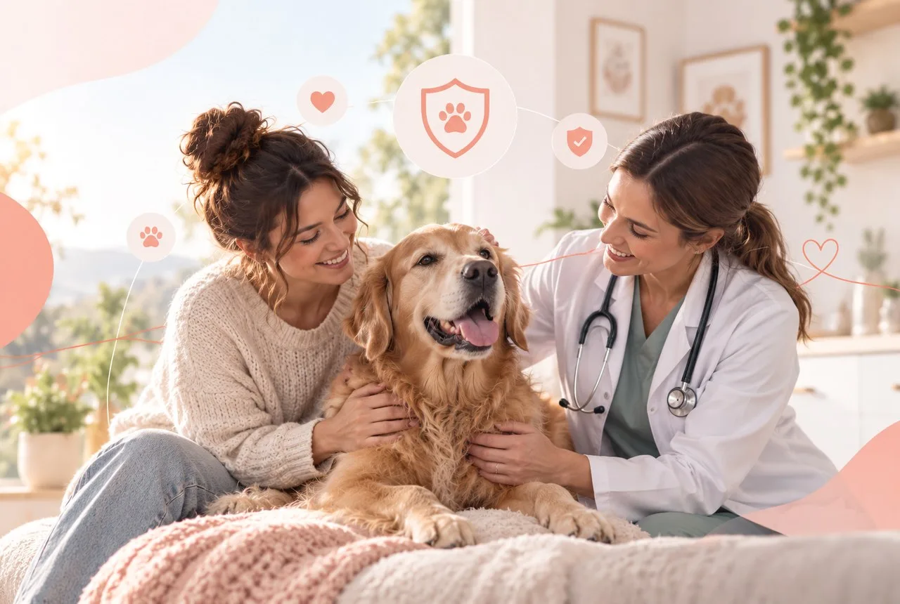 Owner and veterinarian beside a golden-colored dog during a consultation
